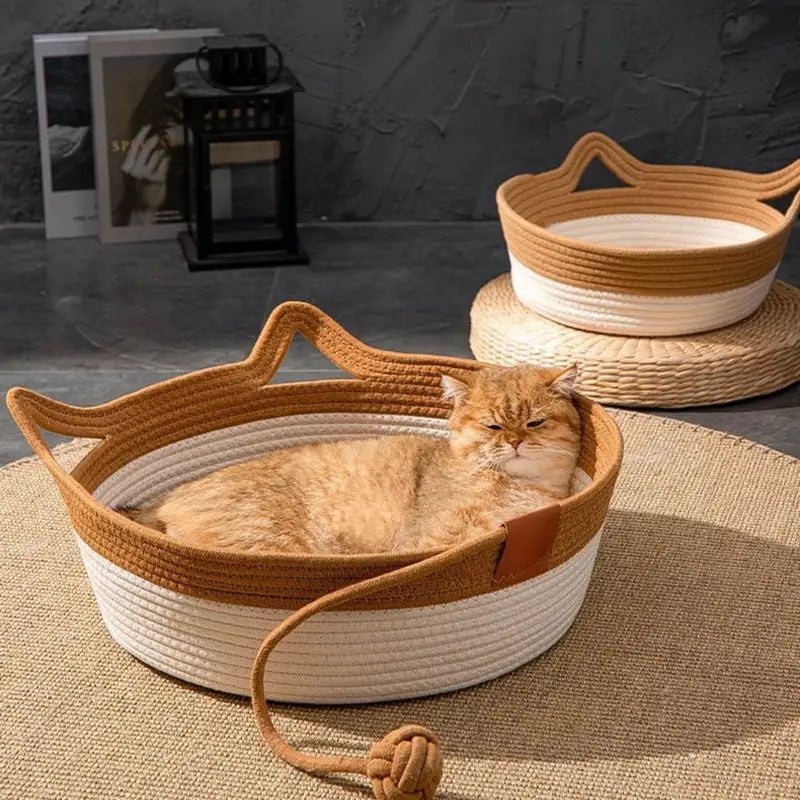 Cat Ear Shape Thickened Woven Cat Scratching Board Pet Bed - Khaki White