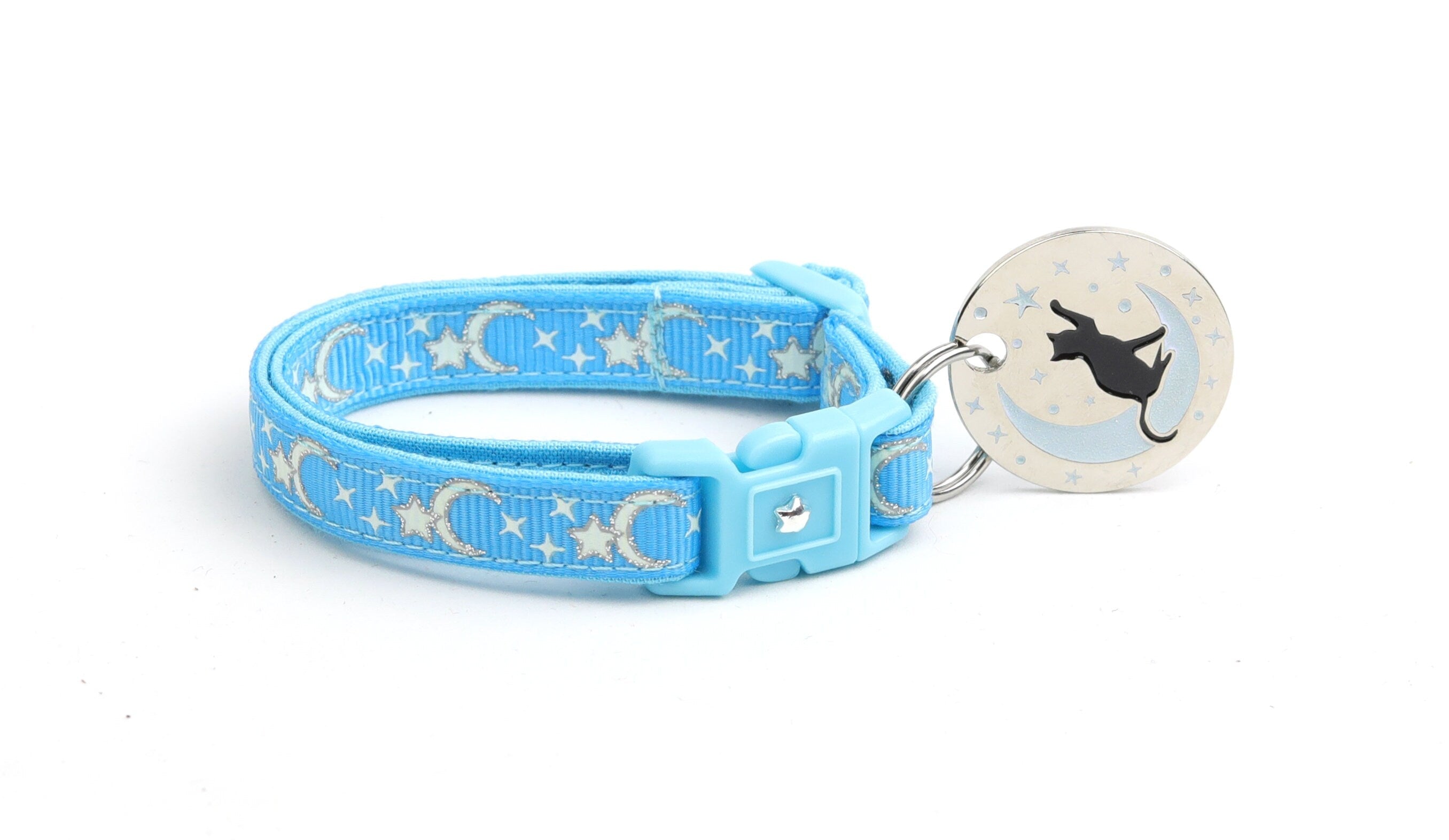 Silver Moons and Stars on Blue Cat Collar