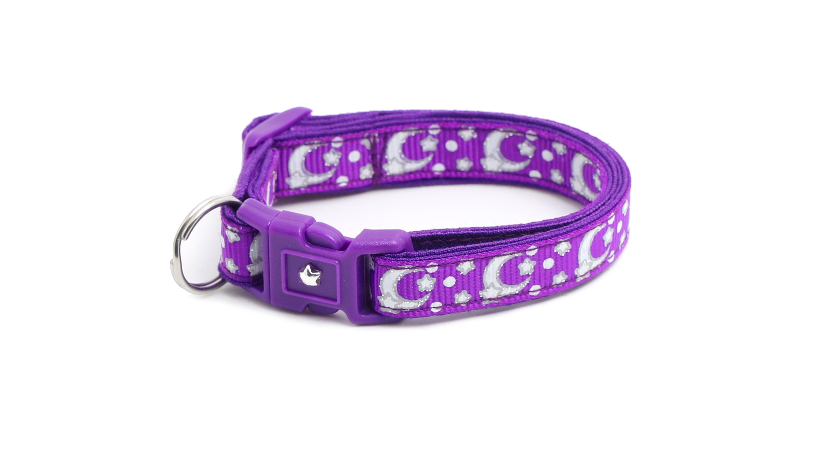 Silver Moons and Stars on Dark Purple Cat Collar