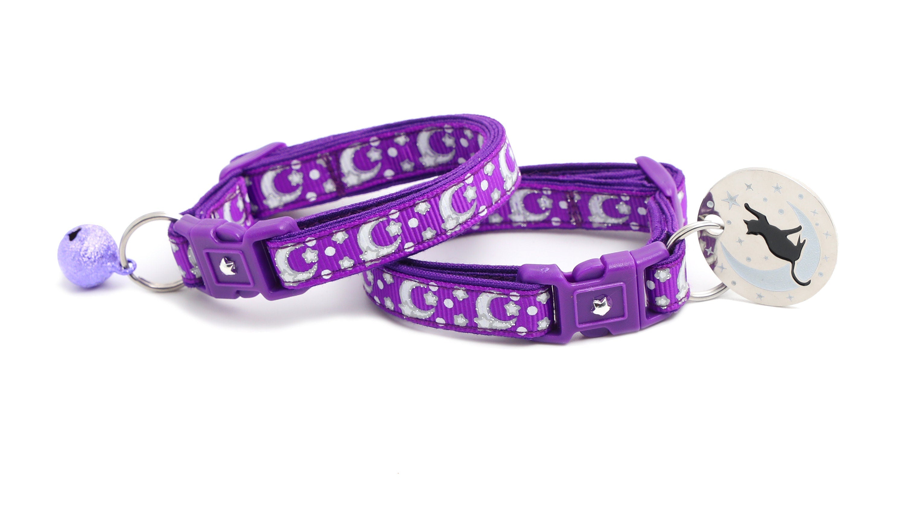 Silver Moons and Stars on Dark Purple Cat Collar
