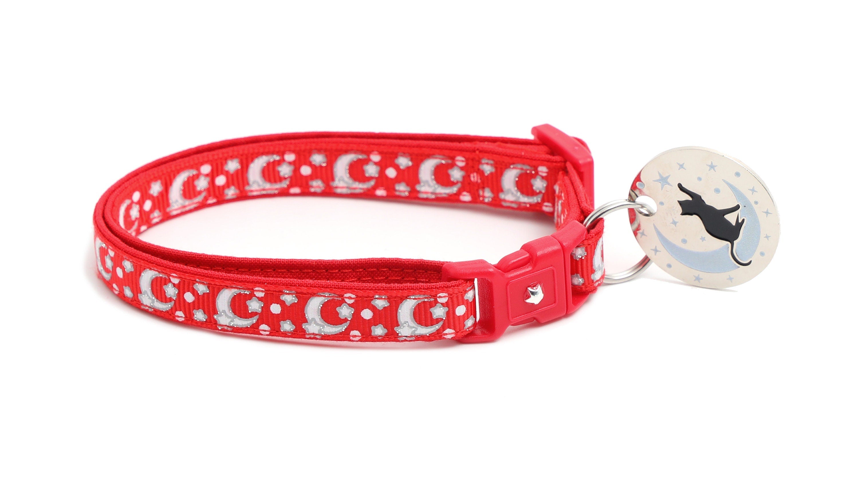 Silver Moons and Stars on Bright Red Cat Collar