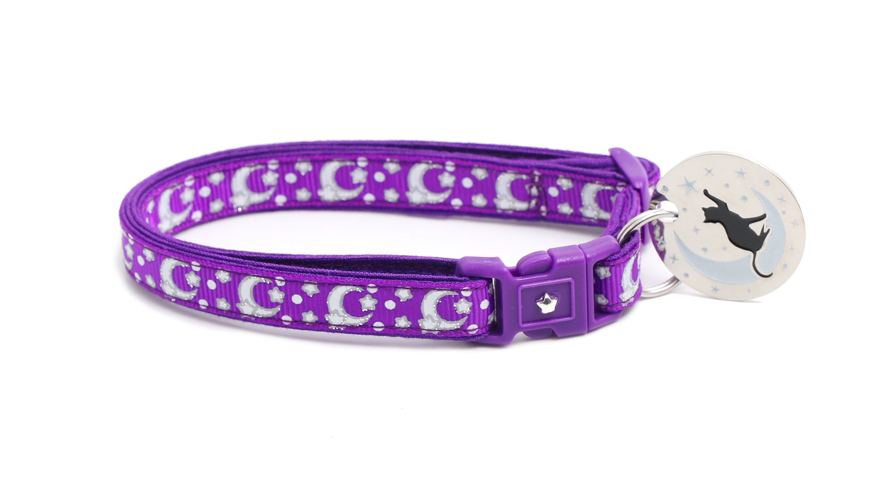 Silver Moons and Stars on Dark Purple Cat Collar