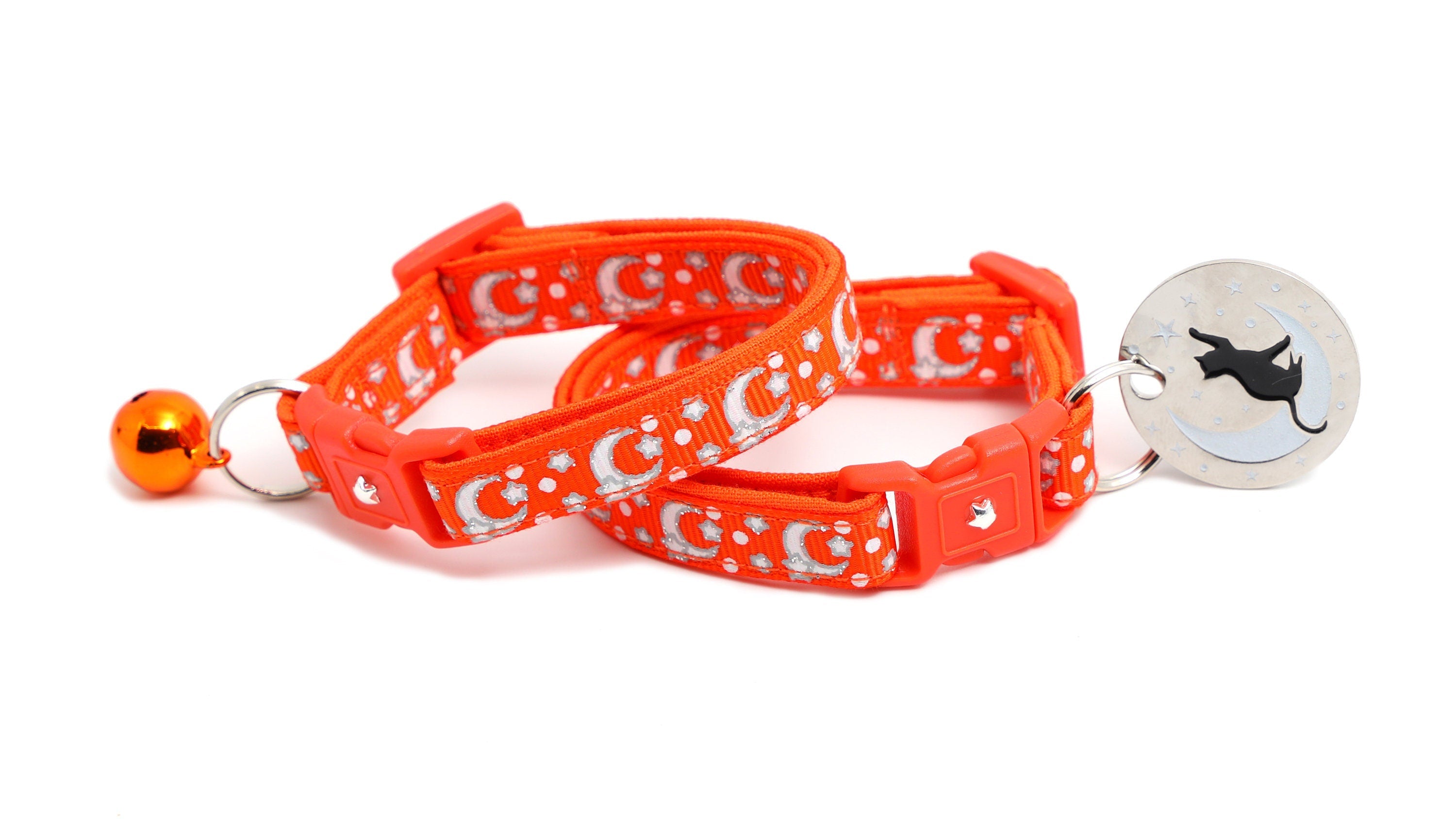 Silver Moons and Stars on Orange Cat Collar