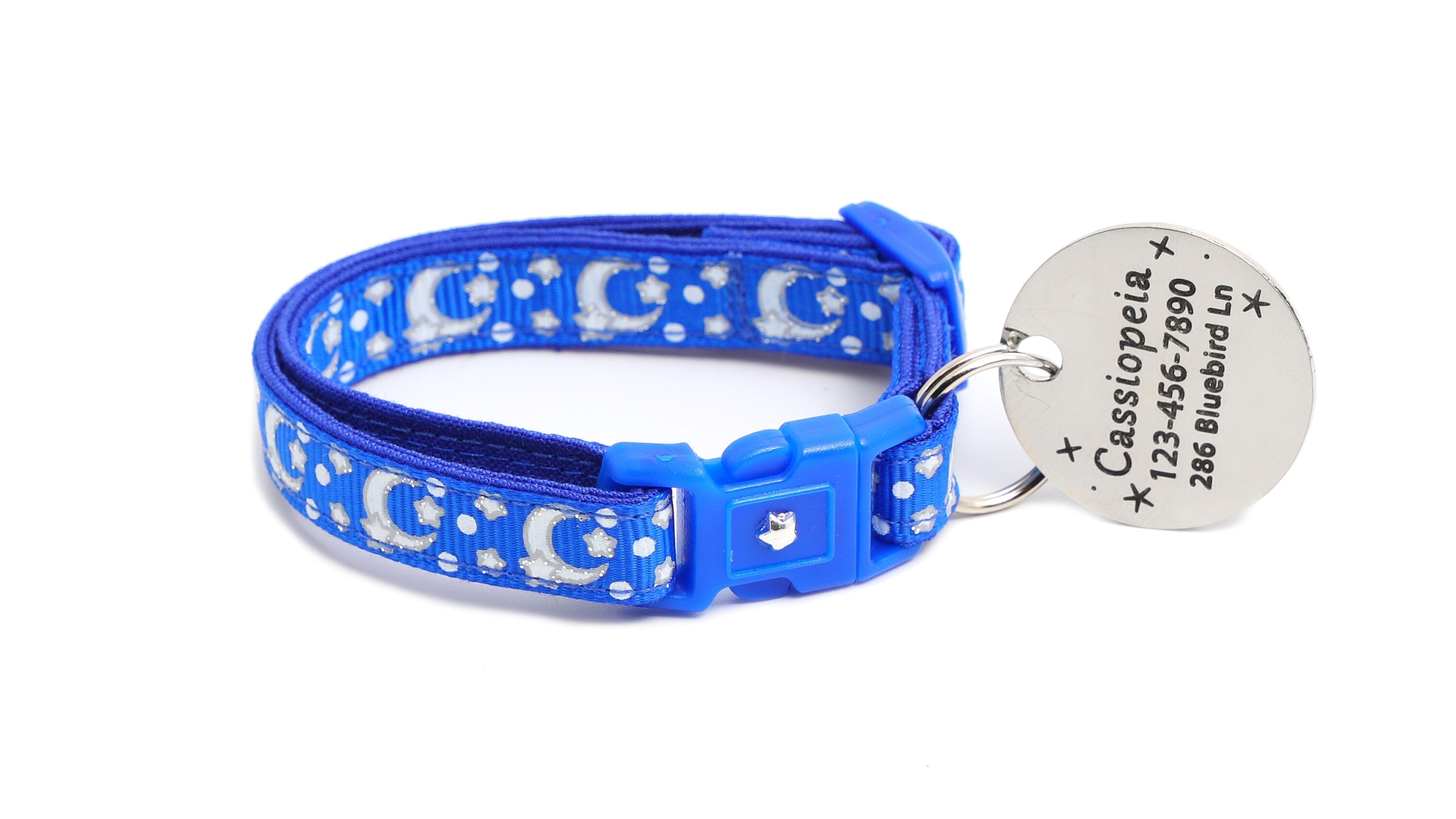 Silver Moons and Stars on Sapphire Blue Cat Collar