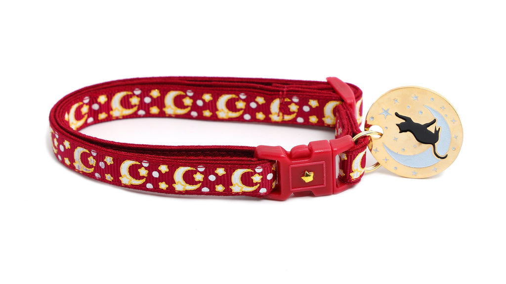 Gold Moons and Stars on Dark Red Cat Collar