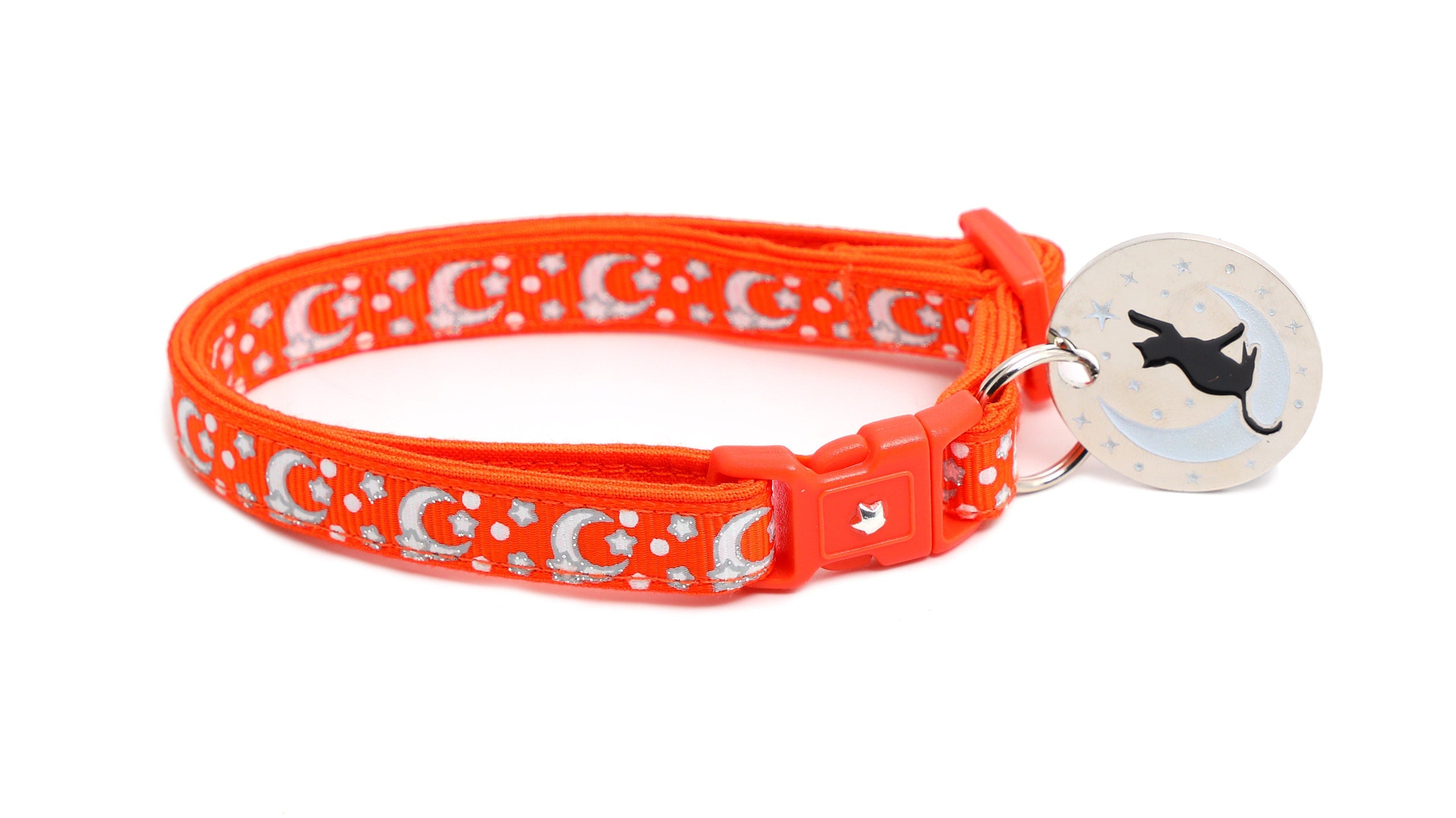 Silver Moons and Stars on Orange Cat Collar