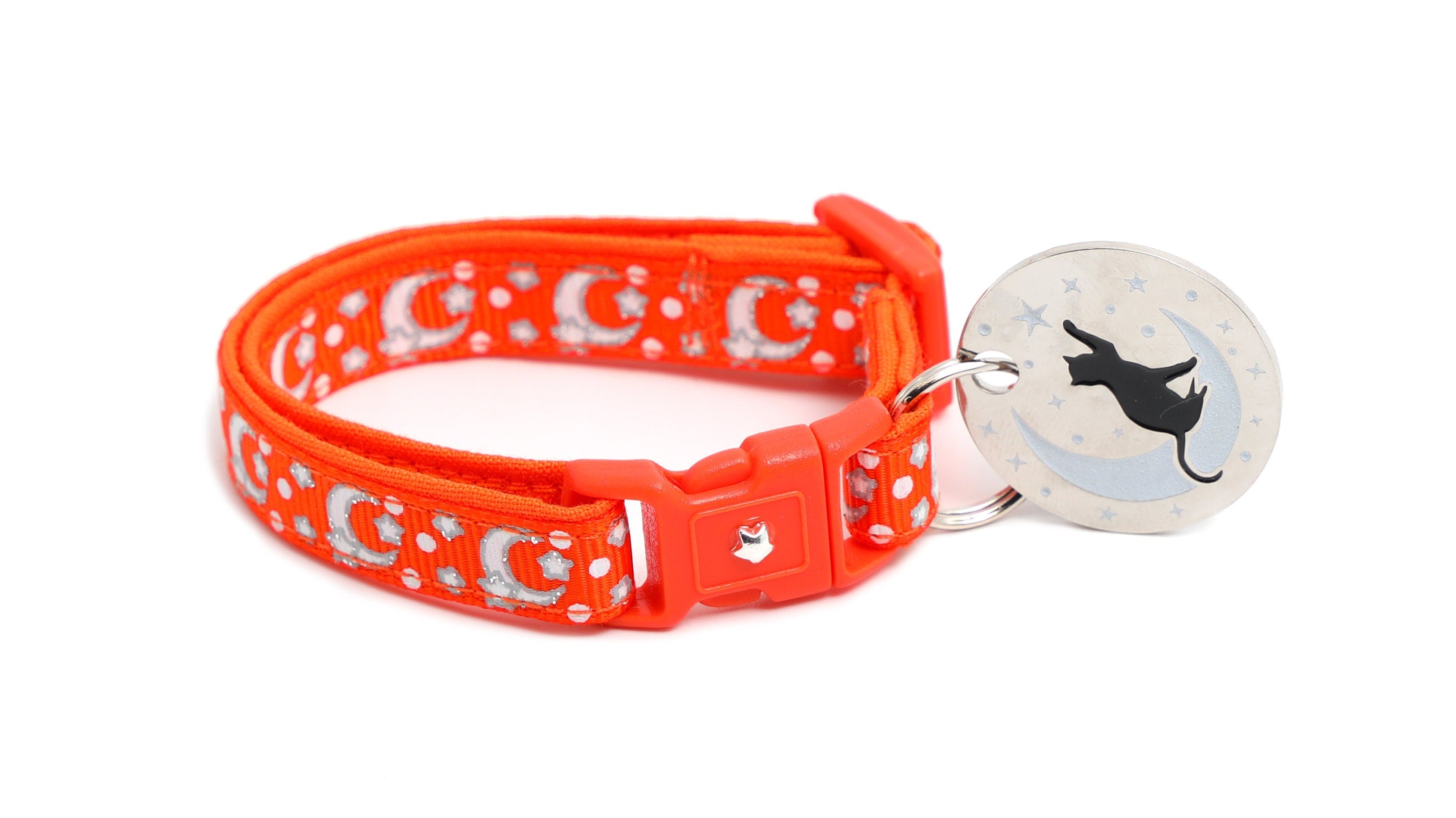 Silver Moons and Stars on Orange Cat Collar