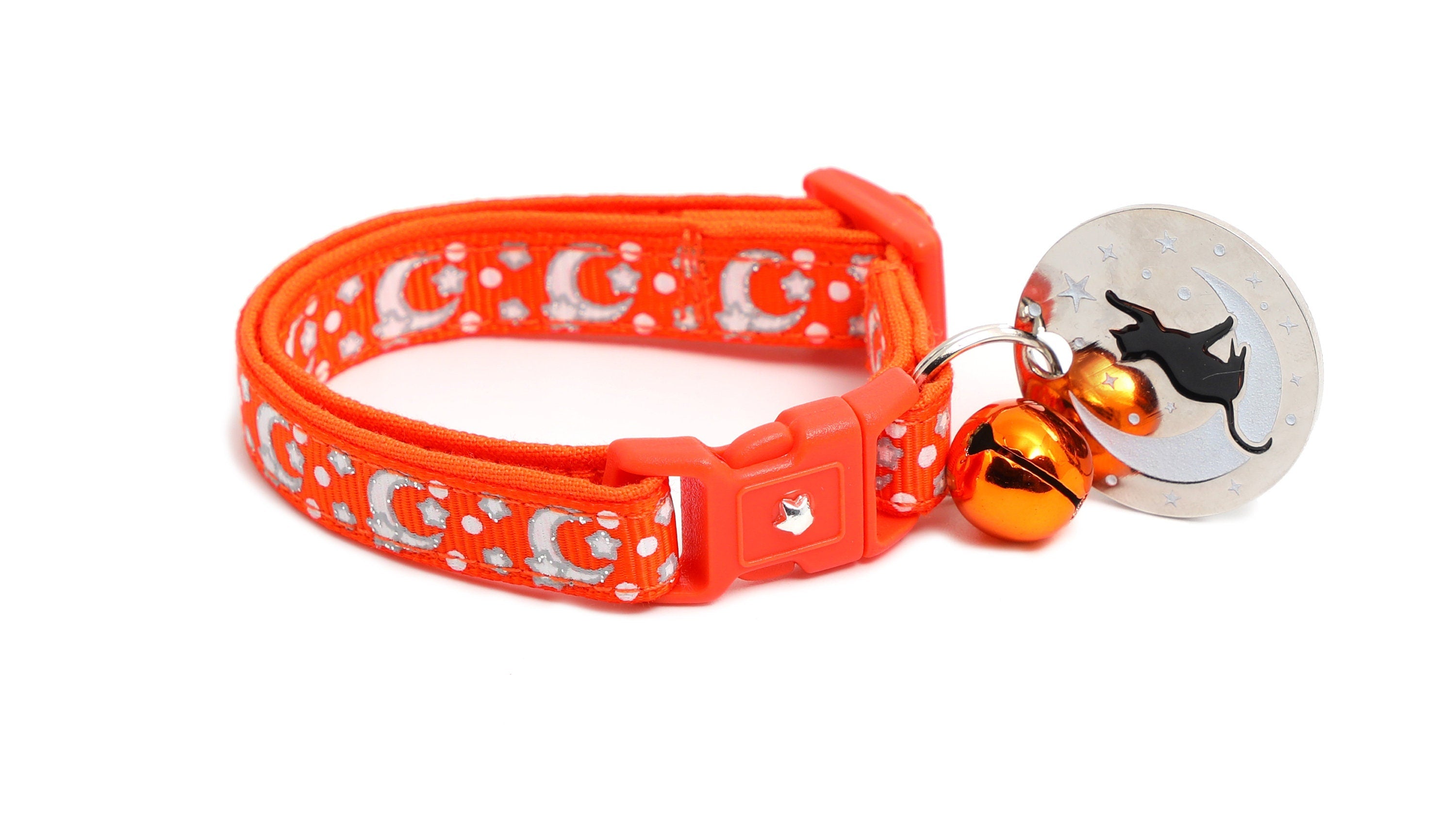 Silver Moons and Stars on Orange Cat Collar