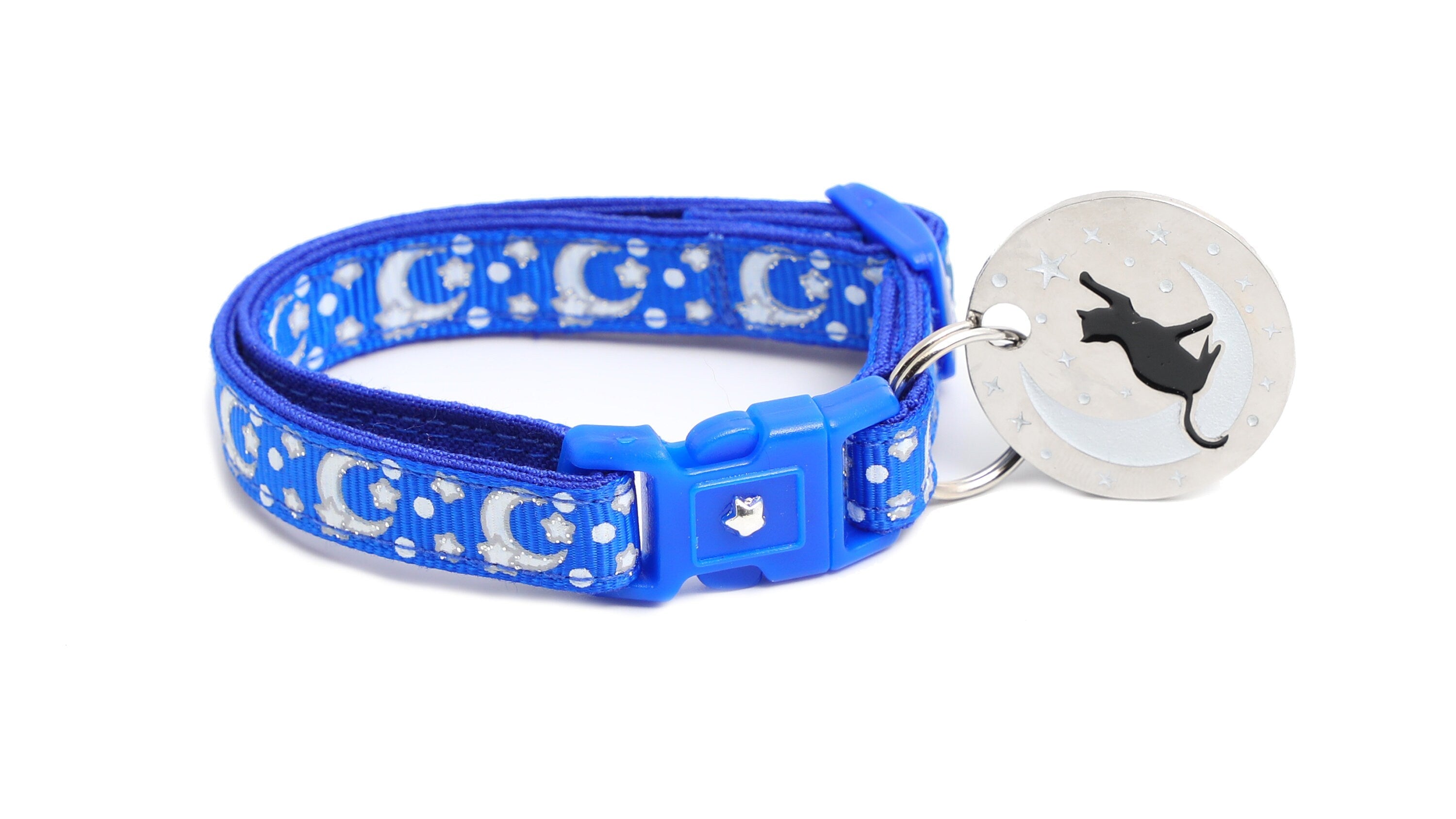 Silver Moons and Stars on Sapphire Blue Cat Collar