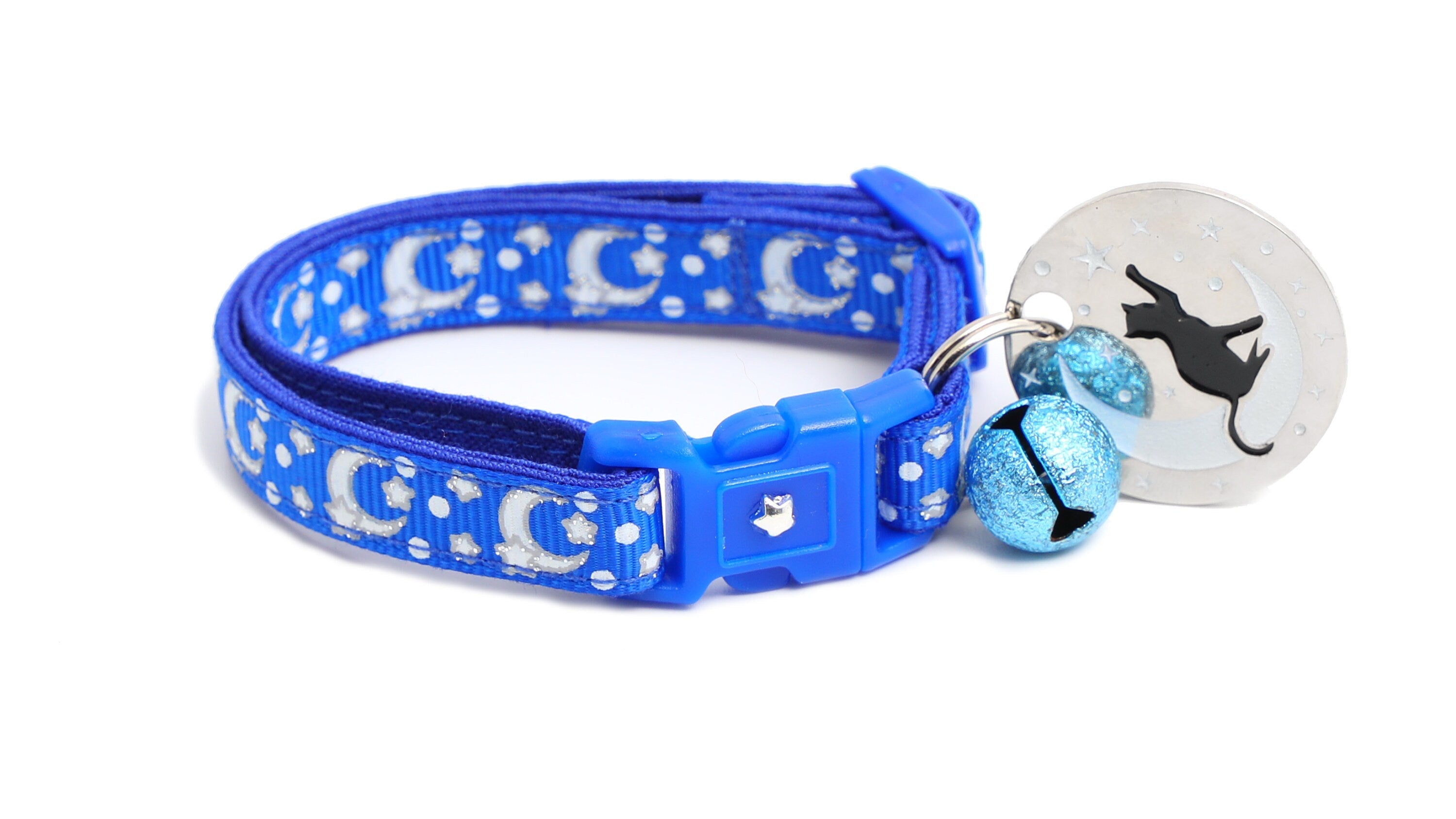 Silver Moons and Stars on Sapphire Blue Cat Collar
