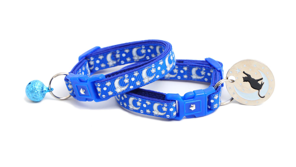 Silver Moons and Stars on Sapphire Blue Cat Collar