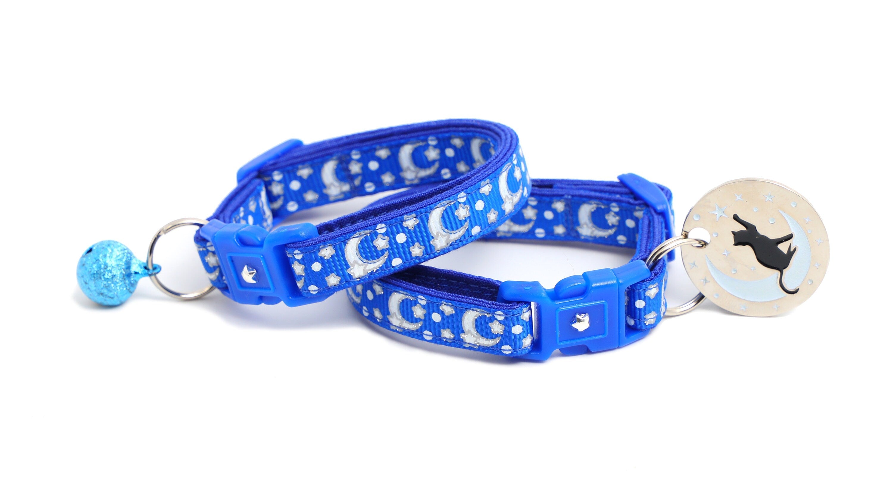 Silver Moons and Stars on Sapphire Blue Cat Collar
