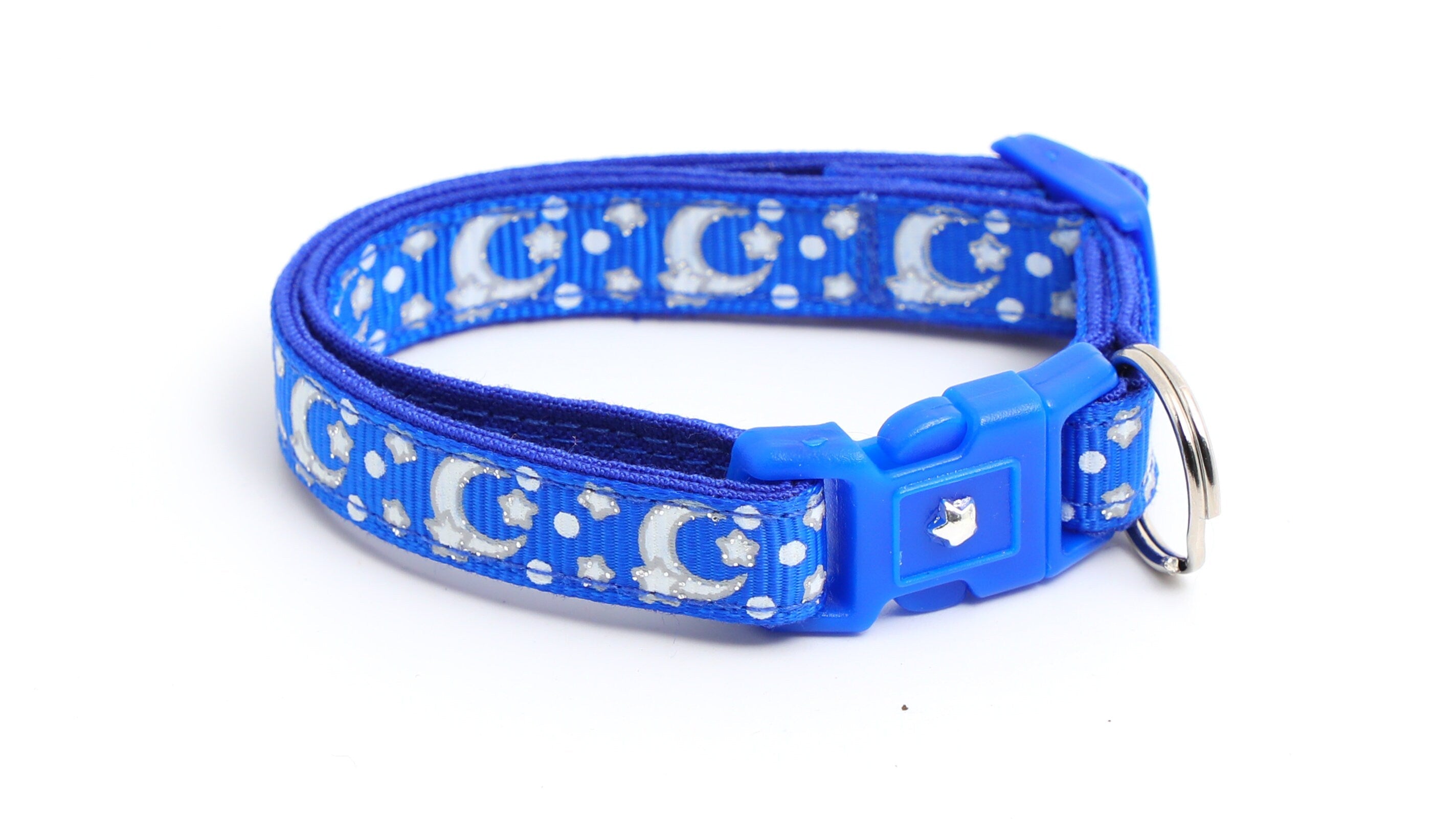 Silver Moons and Stars on Sapphire Blue Cat Collar