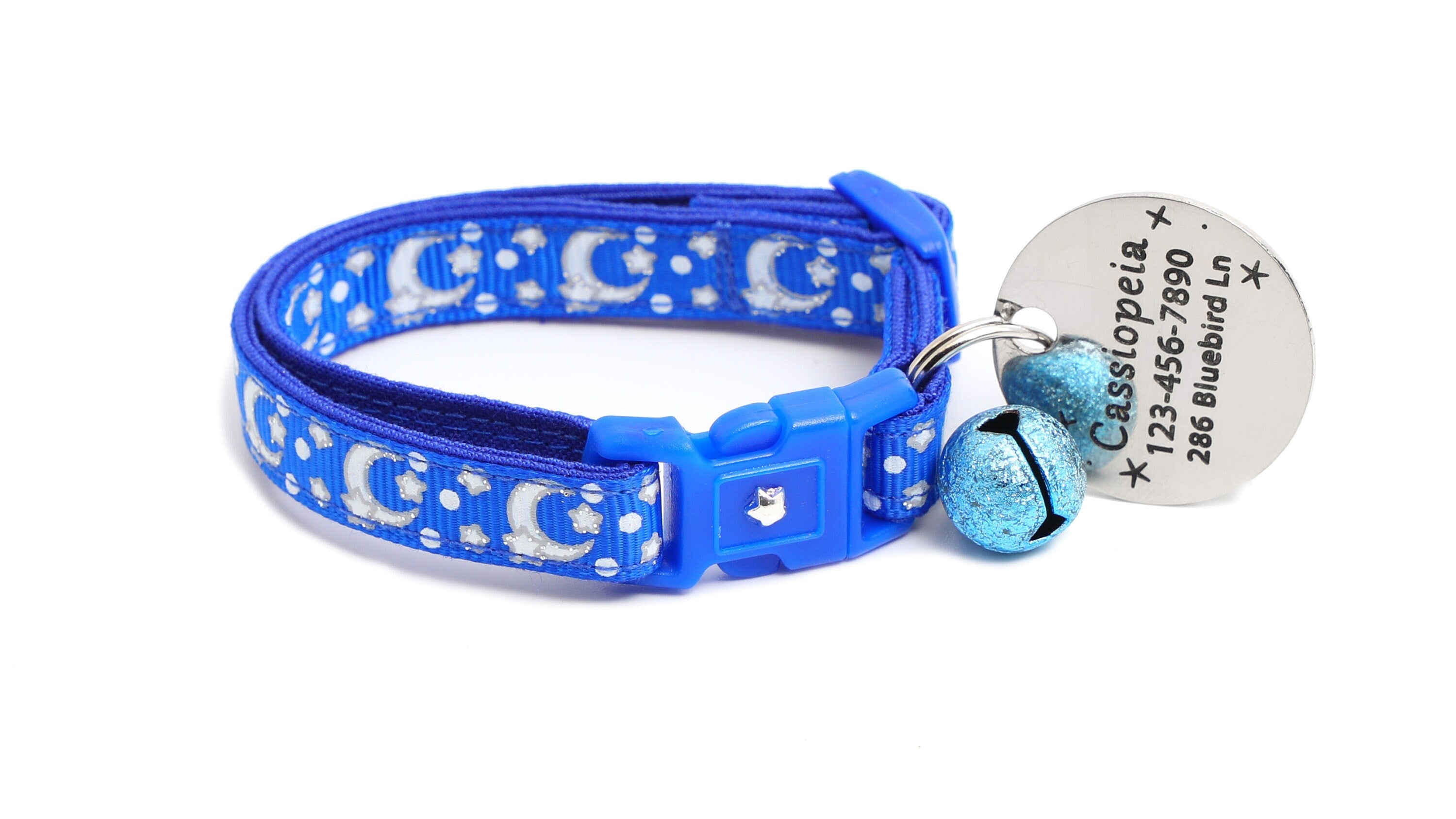 Silver Moons and Stars on Sapphire Blue Cat Collar