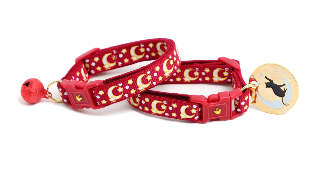 Gold Moons and Stars on Dark Red Cat Collar